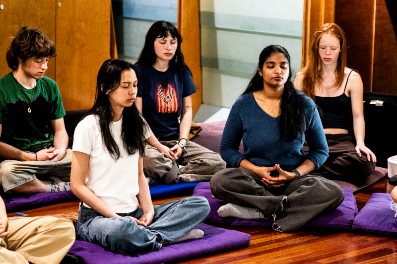 Students practice sitting and meditating during Wellness Week at Northeastern University.