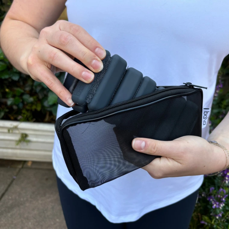 Each pair of Bala Bangles comes with a zippered mesh carrying case, which makes them easy to store and pack while traveling.