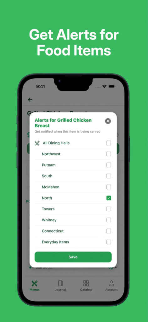 A UConn business student is developing a dining hall app that focuses on nutrition