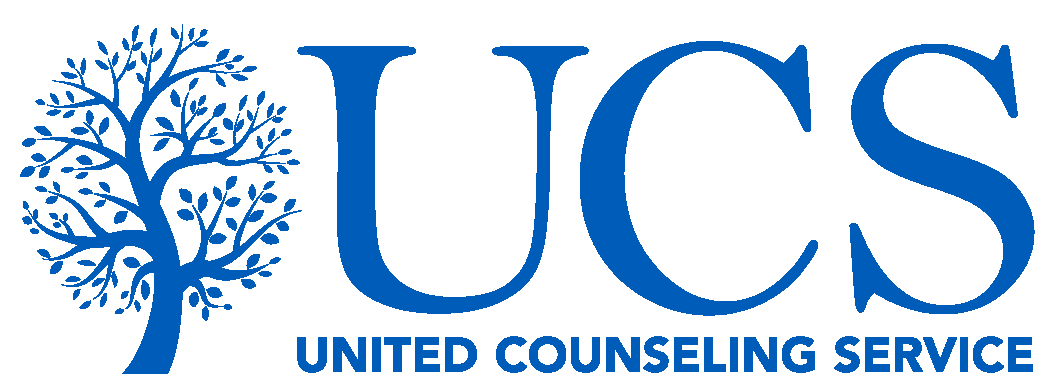 Blue logo with stylized tree and capital letters "UCS" Besides the words "United States Counseling Service" In small text below.