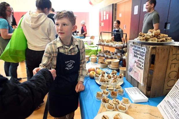 Porter Smith, 9, a fourth-grader at Earl Elementary, samples his date breakfast bar with apple butter and honey during Boyertown's 19th annual Health Fair Tuesday, March 14, 2026, at Boyertown Regional High School.
