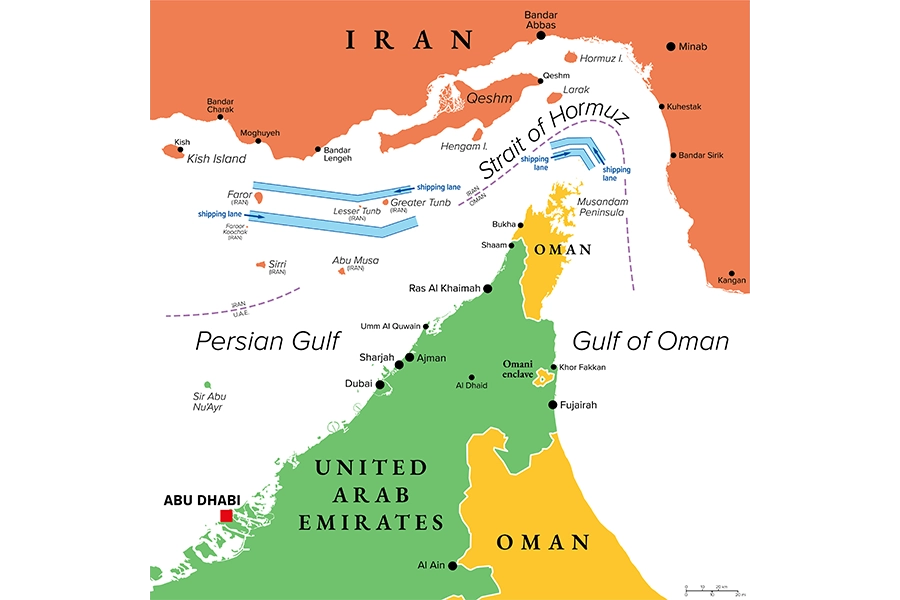 Strait of Hormuz, colorful political map showing shipping routes.